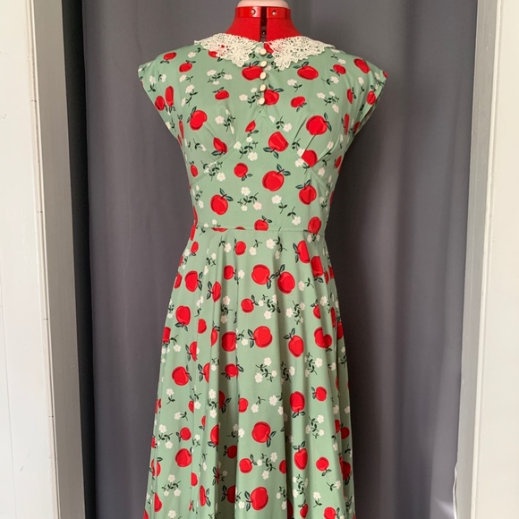 Hell Bunny Vixen Dresses & Skirts - Vintage-Inspired Green Dress with Red Cherry Print and Lace Collar